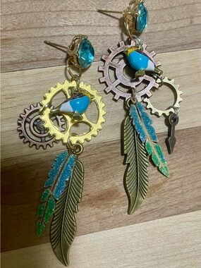 Handcrafted Blue Bird Gear & Feather Dangle Earrings